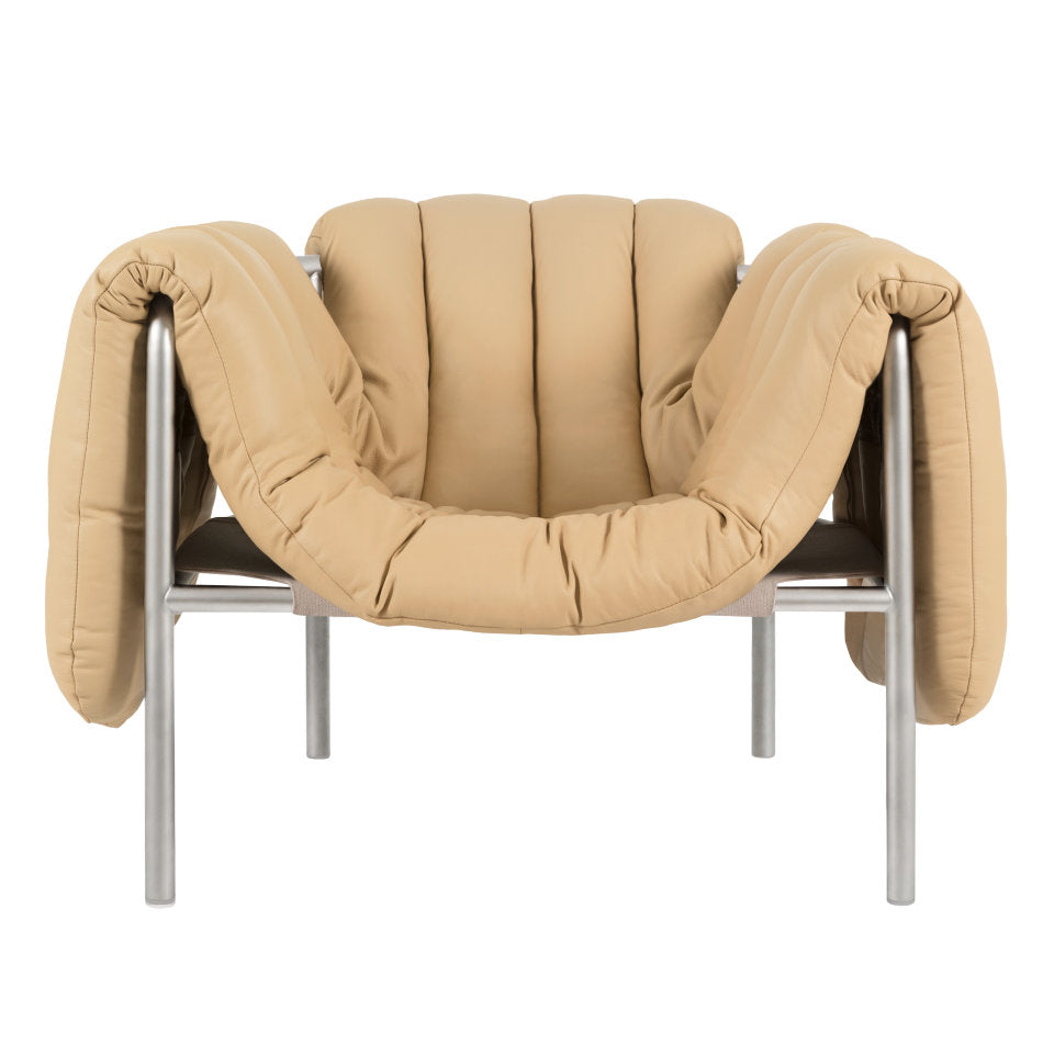 PUFFY Lounge Chair | Edelstahl Leder Sand