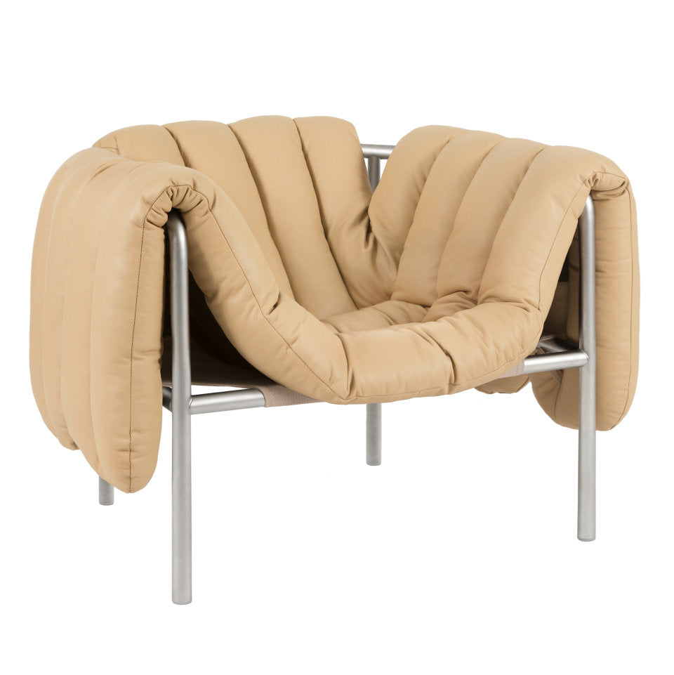 PUFFY Lounge Chair | Edelstahl Leder Sand