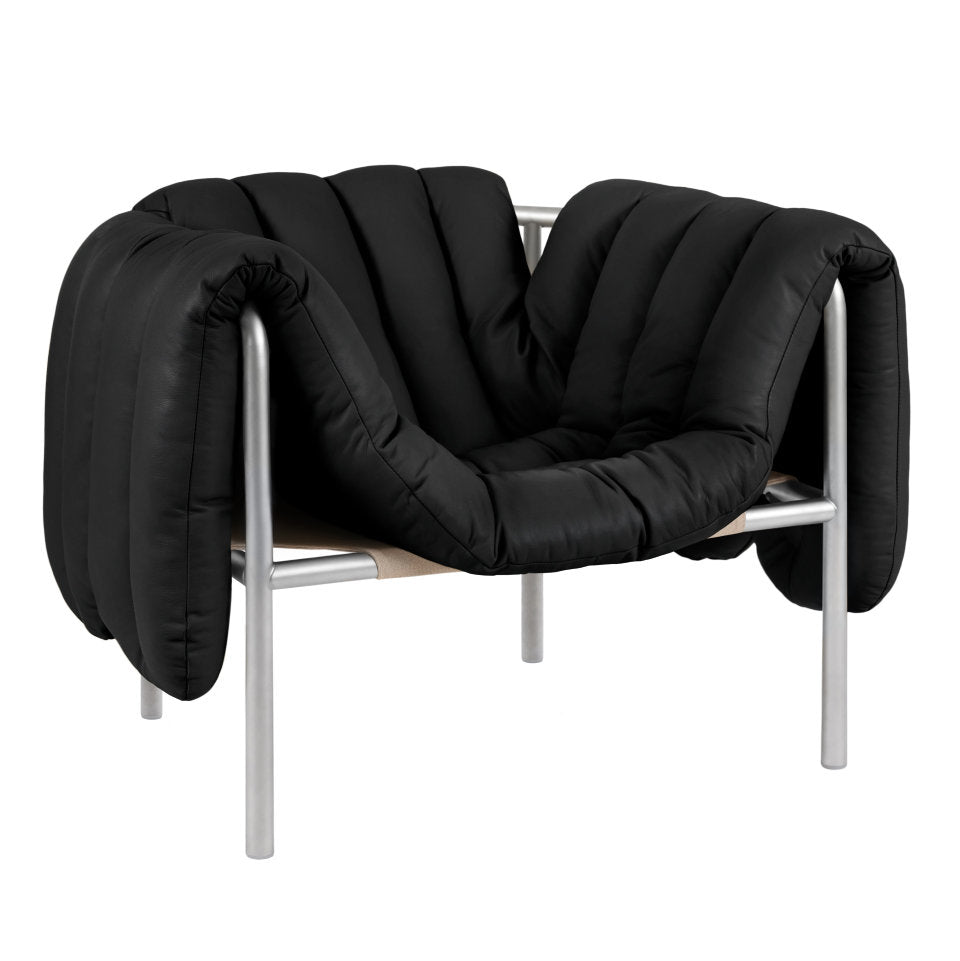 PUFFY Lounge Chair | Edelstahl Leder Schwarz