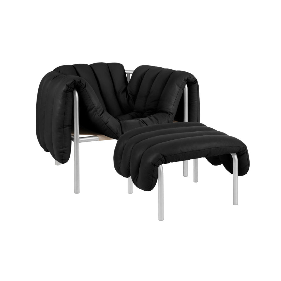 PUFFY Lounge Chair | Edelstahl Leder Schwarz