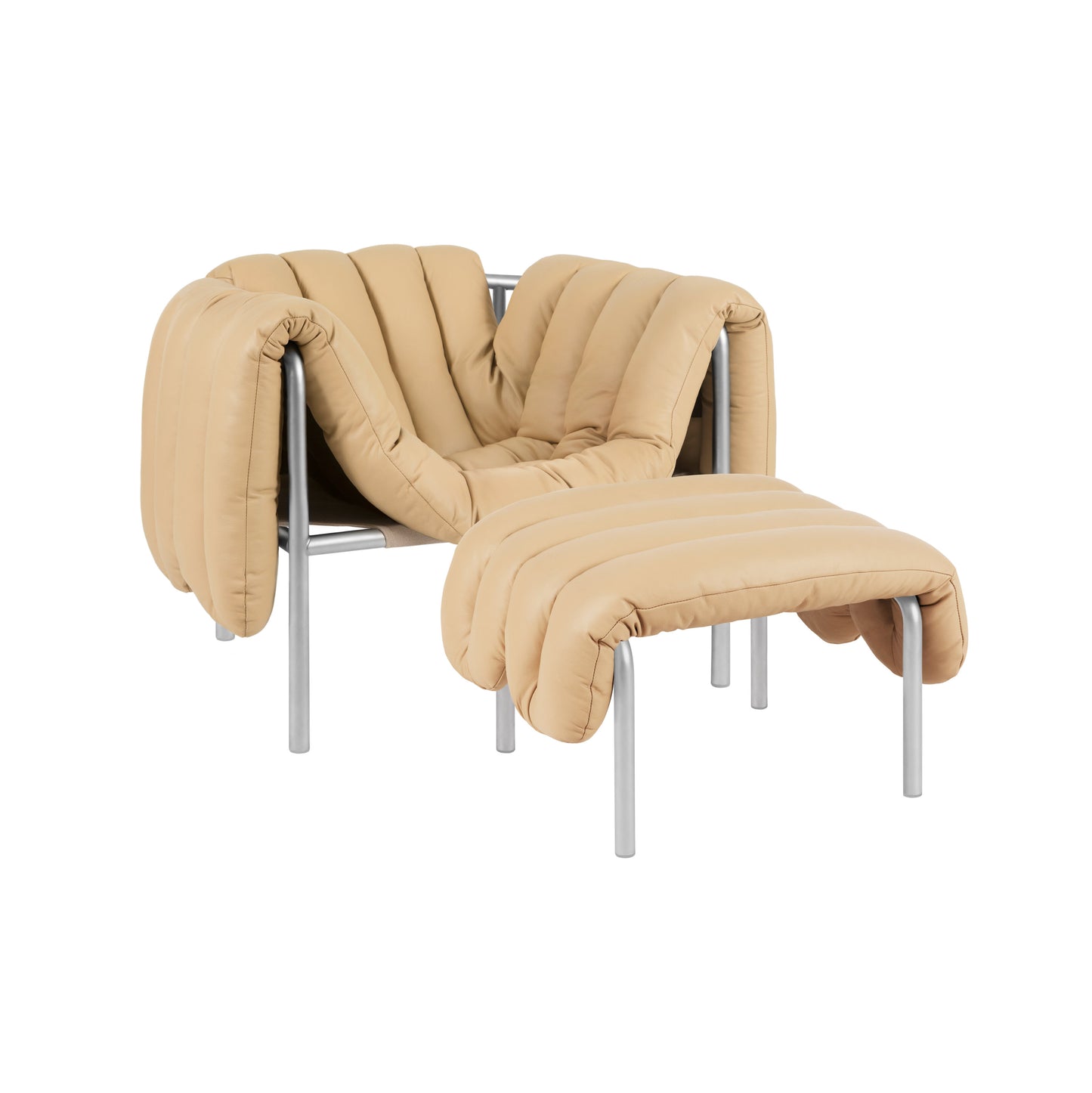 PUFFY Ottomane | Edelstahl Leder Sand